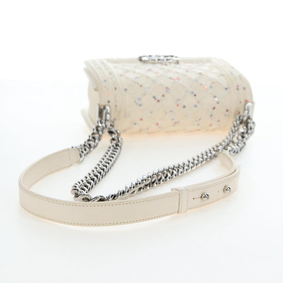 CHANEL Matelasse Boy Chanel Chain Bag Leather White Silver CC Auth 196378M