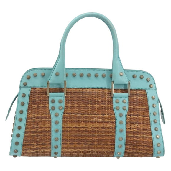 FENDI Hand Bag Raffia Mint Green Gold Auth 196379A