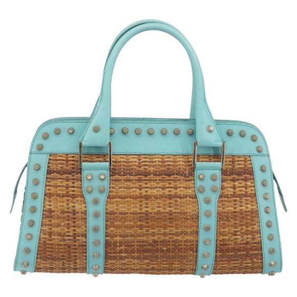FENDI Hand Bag Raffia Mint Green Gold Auth 196379A