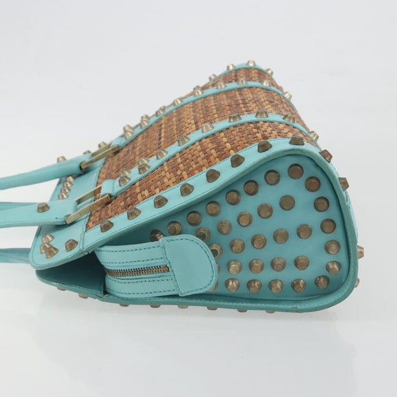 FENDI Hand Bag Raffia Mint Green Gold Auth 196379A