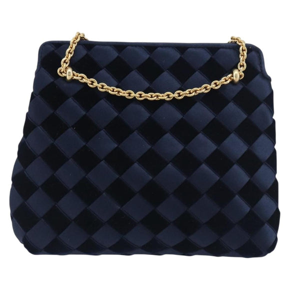 BOTTEGA VENETA INTRECCIATO Chain Bag Satin Velour Navy Gold Auth 196390A