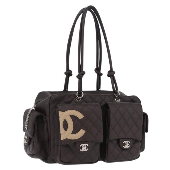 CHANEL Cambon Line Matelasse Hand Bag Leather Brown Silver CC Auth 196397SAV