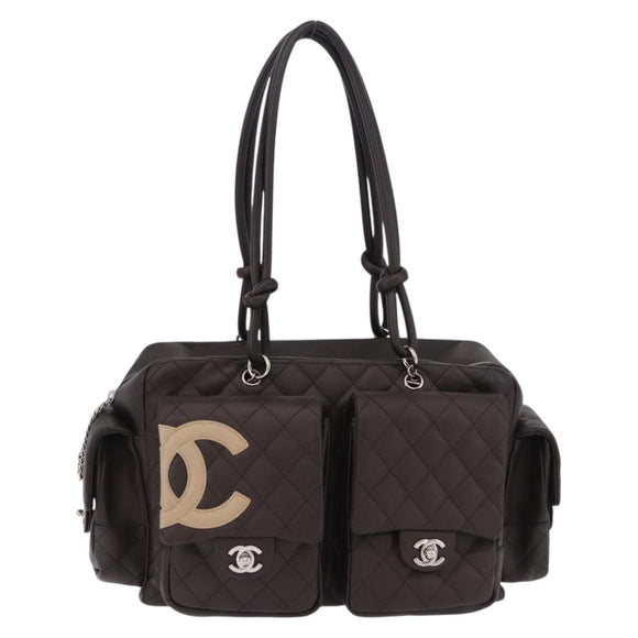CHANEL Cambon Line Matelasse Hand Bag Leather Brown Silver CC Auth 196397SAV