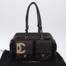 CHANEL Cambon Line Matelasse Hand Bag Leather Brown Silver CC Auth 196397SAV-25