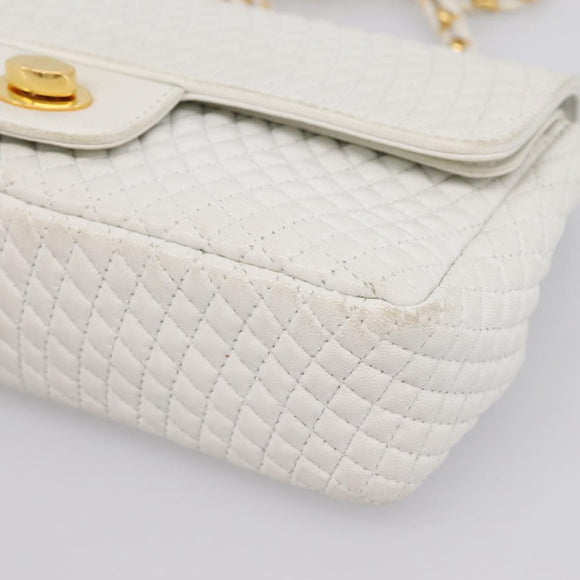 BALLY Chain Shoulder Bag Leather White Gold Tone Auth 196398