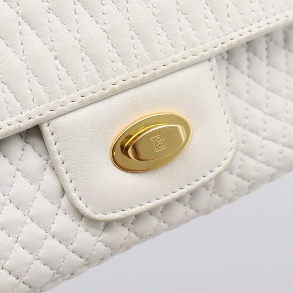 BALLY Chain Shoulder Bag Leather White Gold Tone Auth 196398