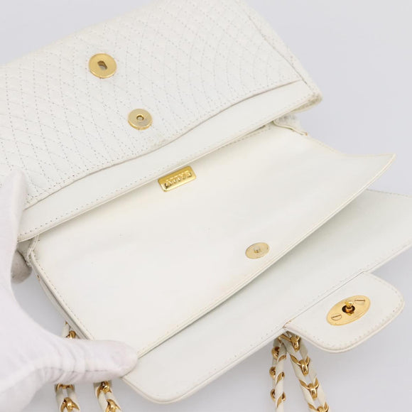 BALLY Chain Shoulder Bag Leather White Gold Tone Auth 196398