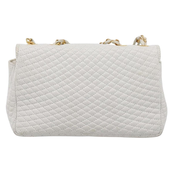 BALLY Chain Shoulder Bag Leather White Gold Tone Auth 196398