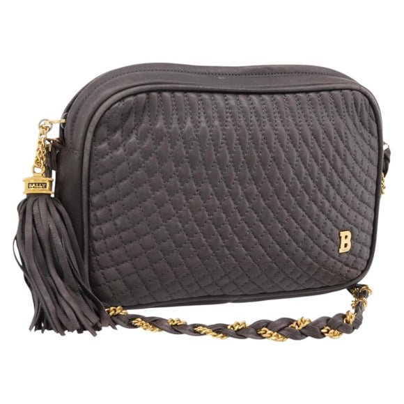 BALLY Chain Shoulder Bag Leather Gray Gold Tone Auth 196399A
