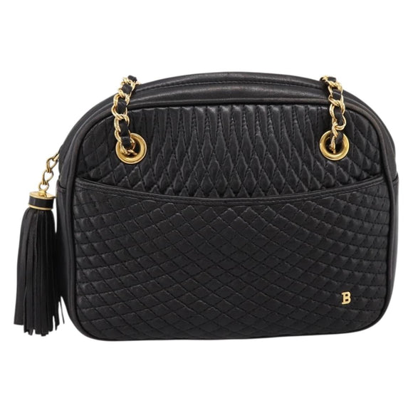 BALLY Chain Shoulder Bag Leather Black Gold Tone Auth 196400A