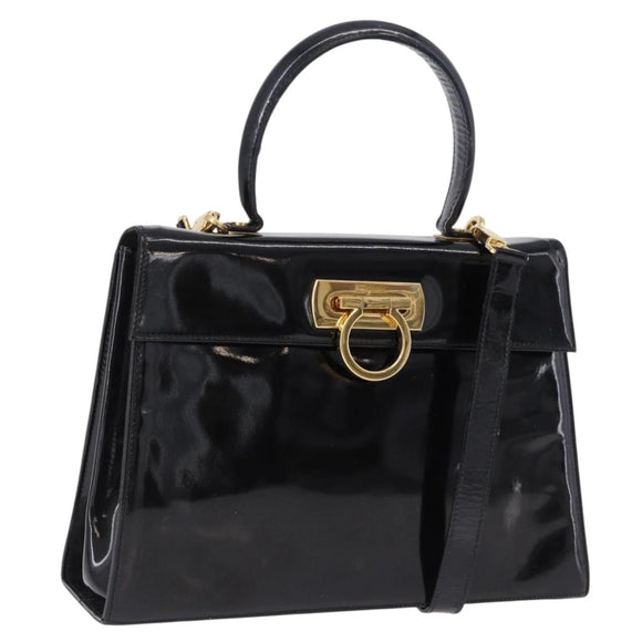 Salvatore Ferragamo Hand Bag Patent 2way Black Gold Tone Auth 196403