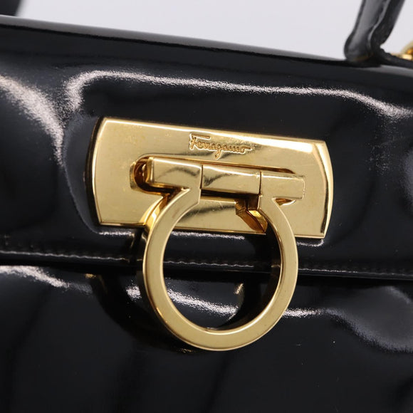 Salvatore Ferragamo Hand Bag Patent 2way Black Gold Tone Auth 196403