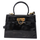 Salvatore Ferragamo Hand Bag Patent 2way Black Gold Tone Auth 196403-13