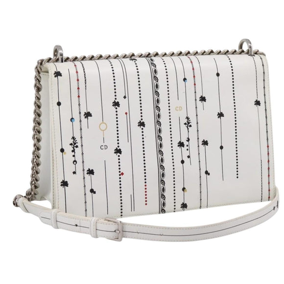 Christian Dior Diorama Chain Shoulder Bag Leather White Silver Auth 196404A