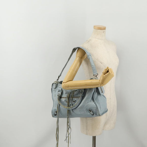 BALENCIAGA The City Hand Bag Leather 2way Light Blue Gold 115478 Auth 196406