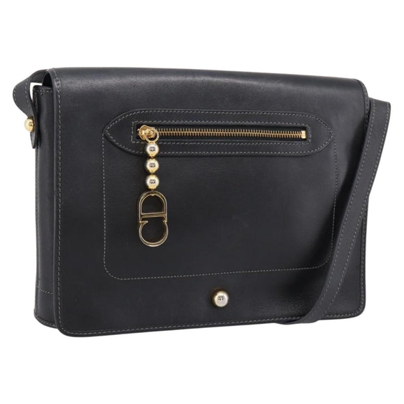 Christian Dior Shoulder Bag Leather Black Gold Tone Auth 196415