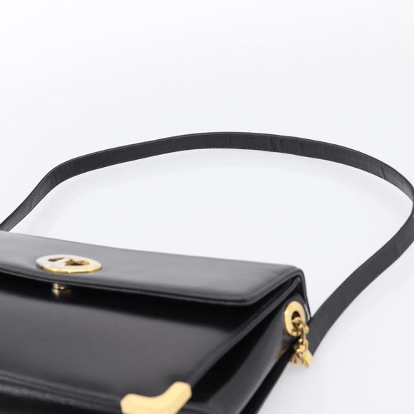 Christian Dior Shoulder Bag Leather Calf Skin Black Gold Tone Auth 196419A