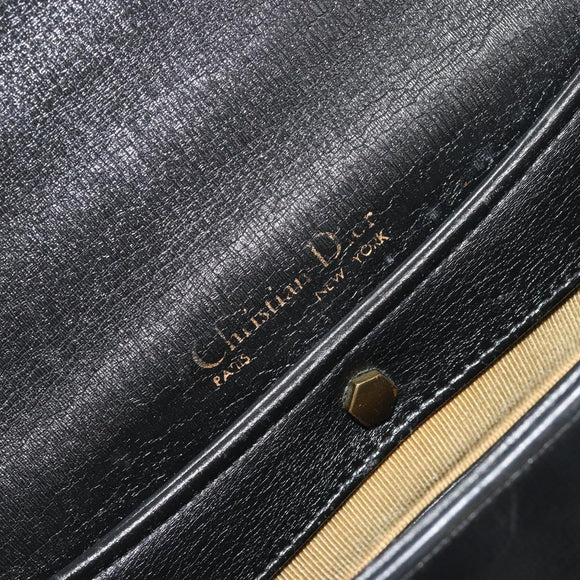 Christian Dior Calf Skin Hand Bag Leather Black Gold Tone Auth 196420