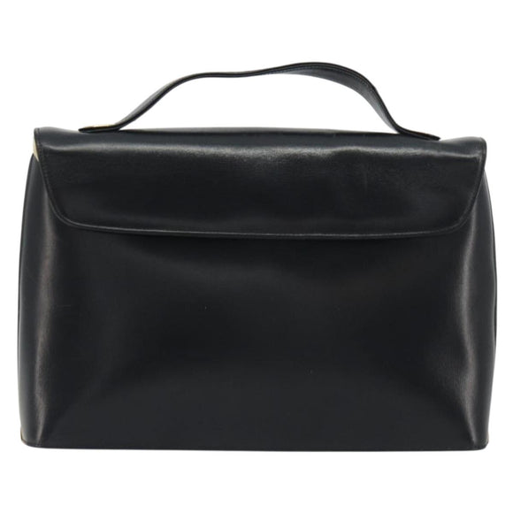 Christian Dior Calf Skin Hand Bag Leather Black Gold Tone Auth 196420