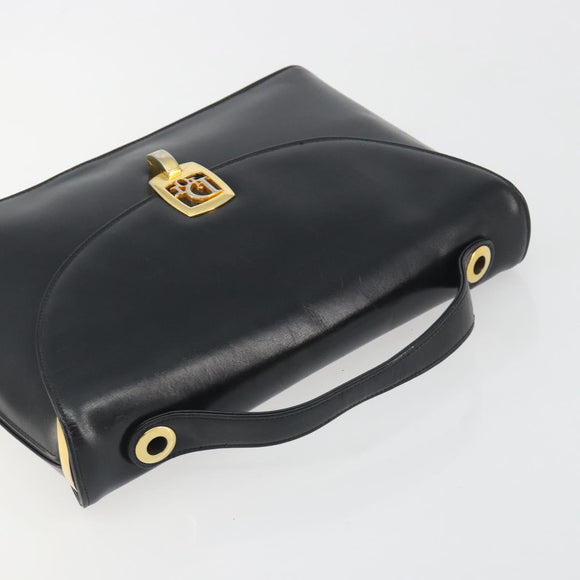 Christian Dior Calf Skin Hand Bag Leather Black Gold Tone Auth 196420