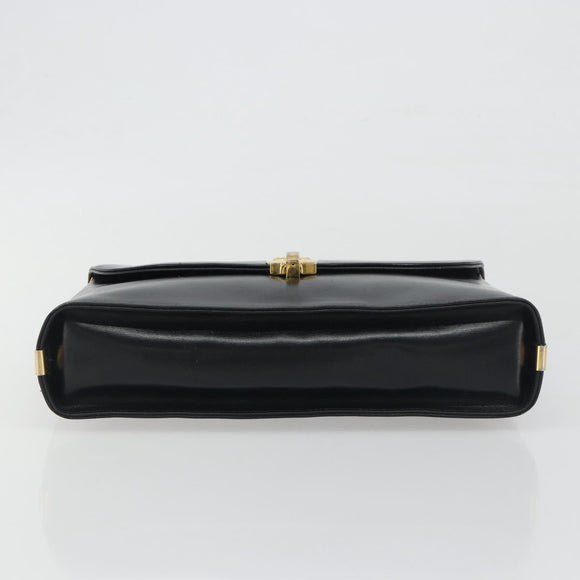 Christian Dior Calf Skin Hand Bag Leather Black Gold Tone Auth 196420