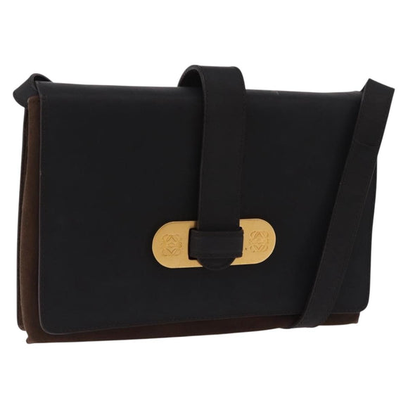 LOEWE Shoulder Bag Suede Dark Brown Gold Tone Auth 196425A
