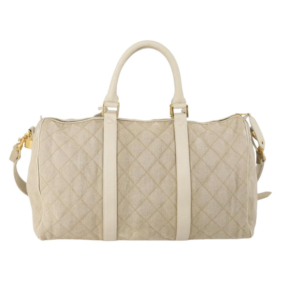 CHANEL Matelasse Boston Bag Canvas 2way Beige Gold Tone CC Auth 196428A