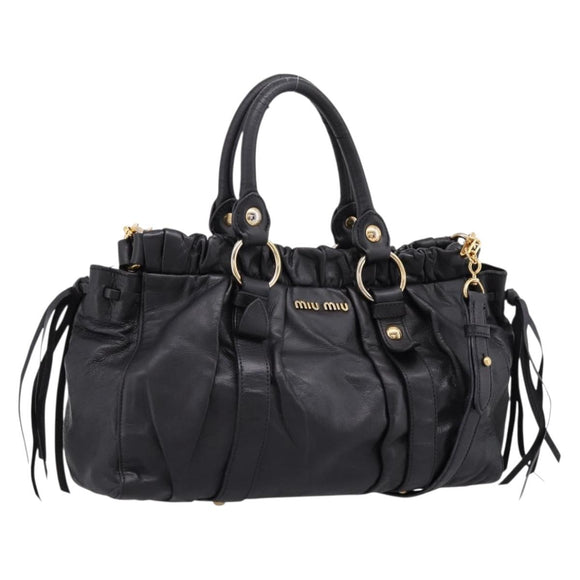 Miu Miu Vitellolux Hand Bag Leather 2way Black Gold Tone Auth 196431