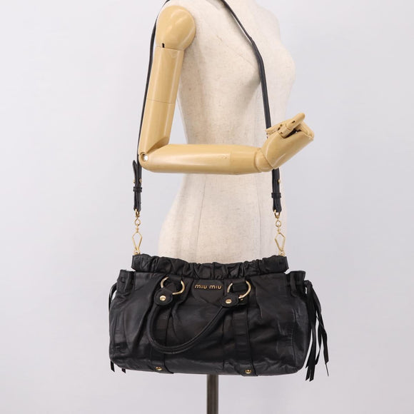 Miu Miu Vitellolux Hand Bag Leather 2way Black Gold Tone Auth 196431