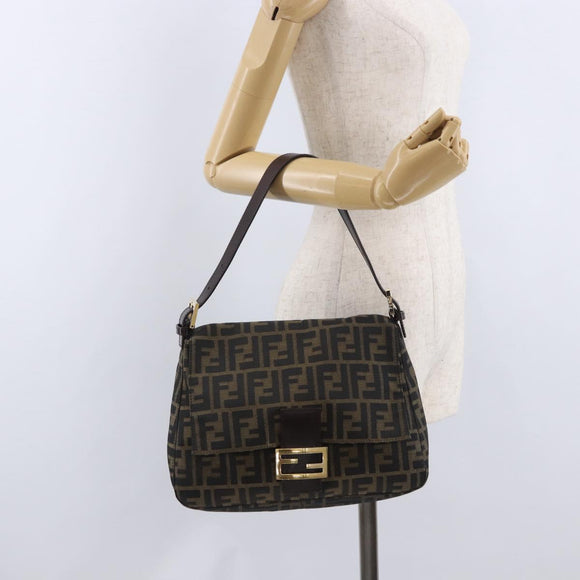 FENDI Zucca Canvas Mamma Baguette Shoulder Bag Brown Black Auth 196441V