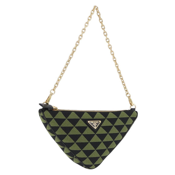 PRADA Chain Triangle Shoulder Bag Canvas Green Gold Auth 196445M