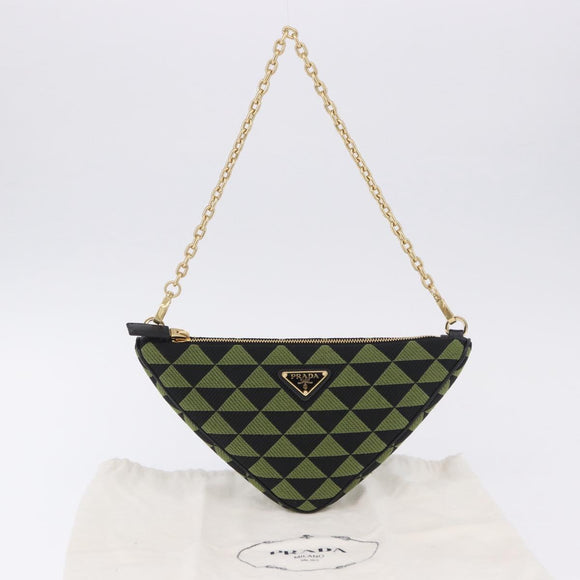 PRADA Chain Triangle Shoulder Bag Canvas Green Gold Auth 196445M