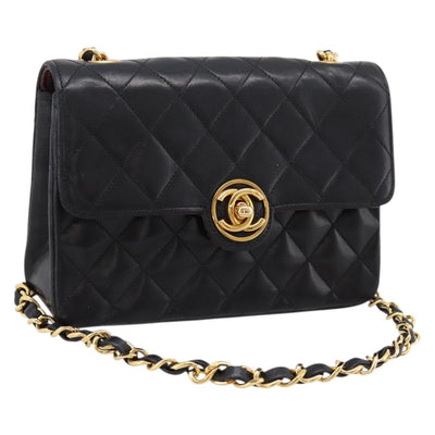 CHANEL Mini Matelasse 17 Chain Bag Lamb Skin Black Gold CC Auth 196466SAV