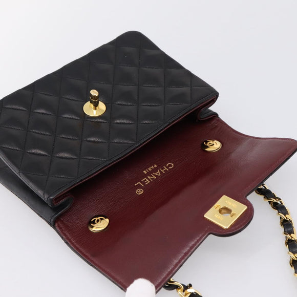 CHANEL Mini Matelasse 17 Chain Bag Lamb Skin Black Gold CC Auth 196466SAV