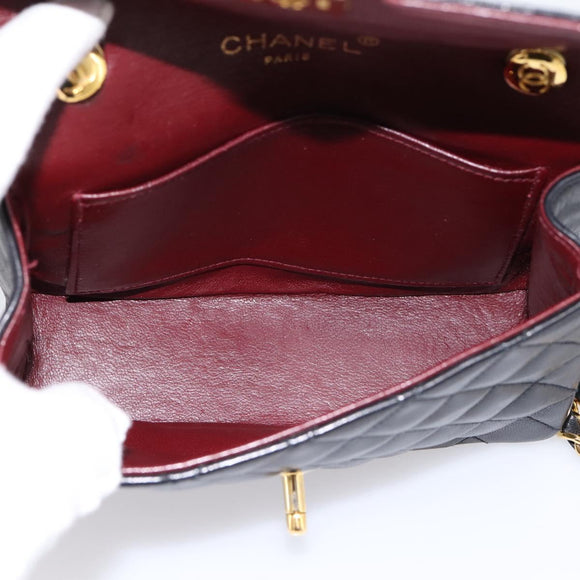 CHANEL Mini Matelasse 17 Chain Bag Lamb Skin Black Gold CC Auth 196466SAV