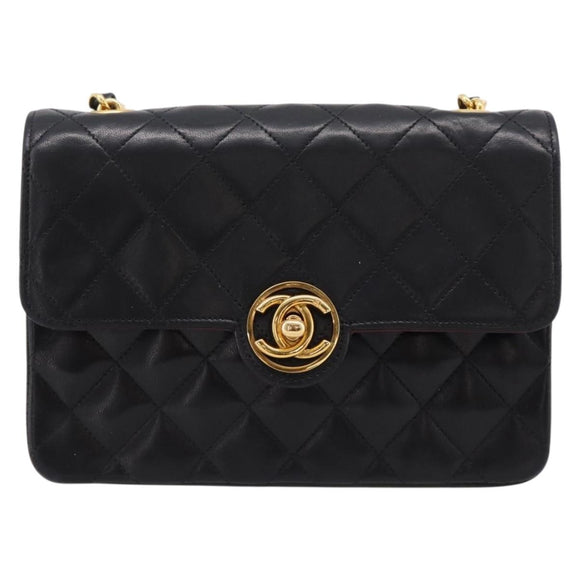 CHANEL Mini Matelasse 17 Chain Bag Lamb Skin Black Gold CC Auth 196466SAV