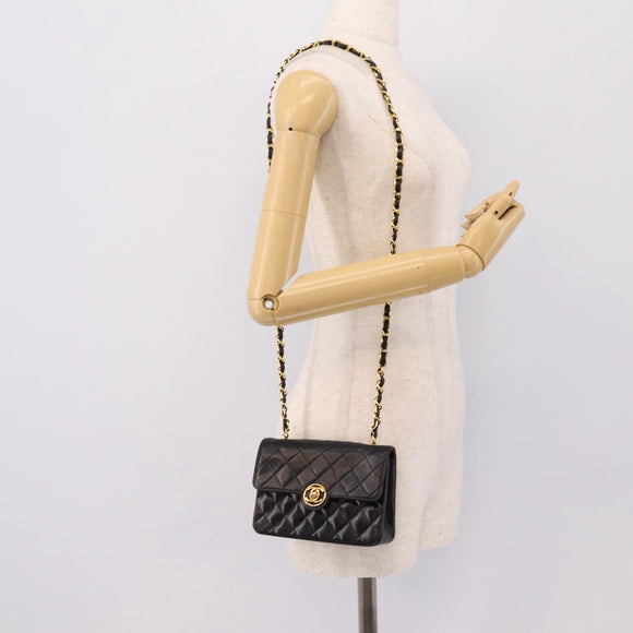 CHANEL Mini Matelasse 17 Chain Bag Lamb Skin Black Gold CC Auth 196466SAV