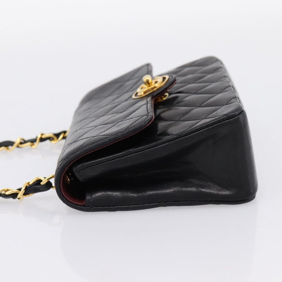 CHANEL Mini Matelasse 17 Chain Bag Lamb Skin Black Gold CC Auth 196466SAV