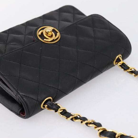 CHANEL Mini Matelasse 17 Chain Bag Lamb Skin Black Gold CC Auth 196466SAV