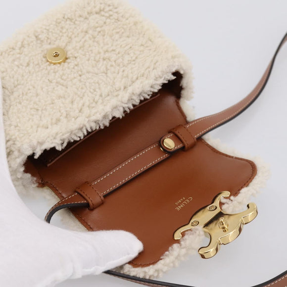 CELINE Triomphe Mini Claude Shoulder Pouch Bore Beige Gold Auth 196467SAM