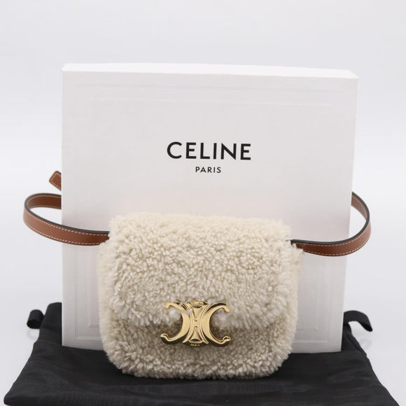 CELINE Triomphe Mini Claude Shoulder Pouch Bore Beige Gold Auth 196467SAM