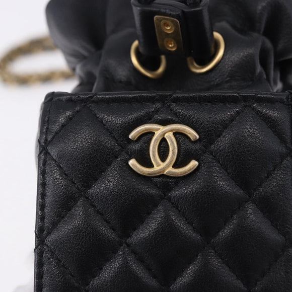 CHANEL Matelasse Chain Shoulder Pouch Lamb Skin Black Gold Tone CC Auth 196469M
