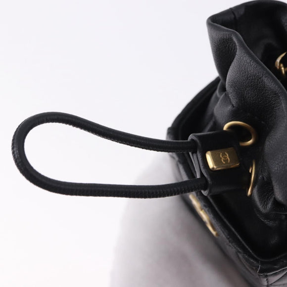 CHANEL Matelasse Chain Shoulder Pouch Lamb Skin Black Gold Tone CC Auth 196469M