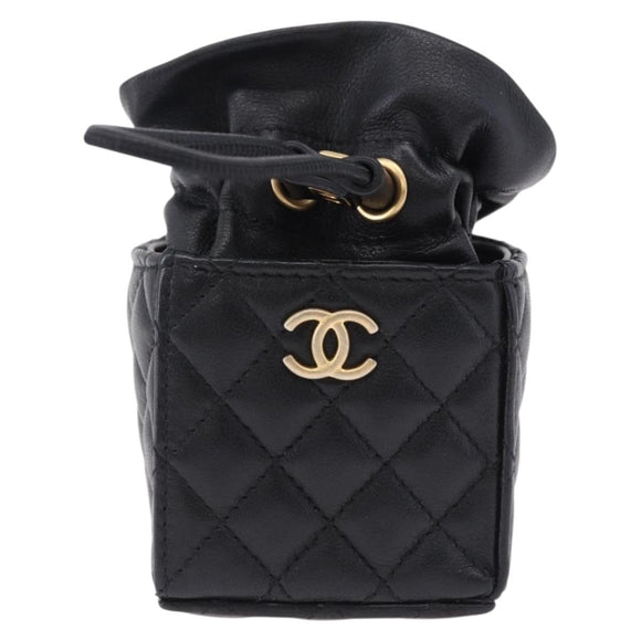 CHANEL Matelasse Chain Shoulder Pouch Lamb Skin Black Gold Tone CC Auth 196469M