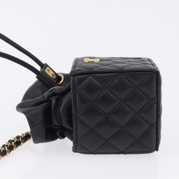 CHANEL Matelasse Chain Shoulder Pouch Lamb Skin Black Gold Tone CC Auth 196469M