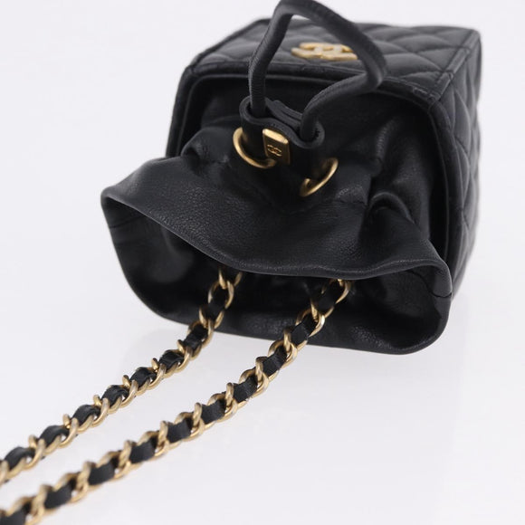 CHANEL Matelasse Chain Shoulder Pouch Lamb Skin Black Gold Tone CC Auth 196469M