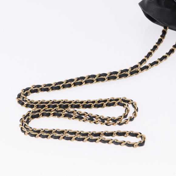 CHANEL Matelasse Chain Shoulder Pouch Lamb Skin Black Gold Tone CC Auth 196469M