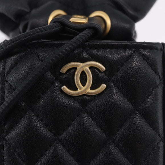 CHANEL Matelasse Chain Shoulder Pouch Lamb Skin Black Gold Tone CC Auth 196470M