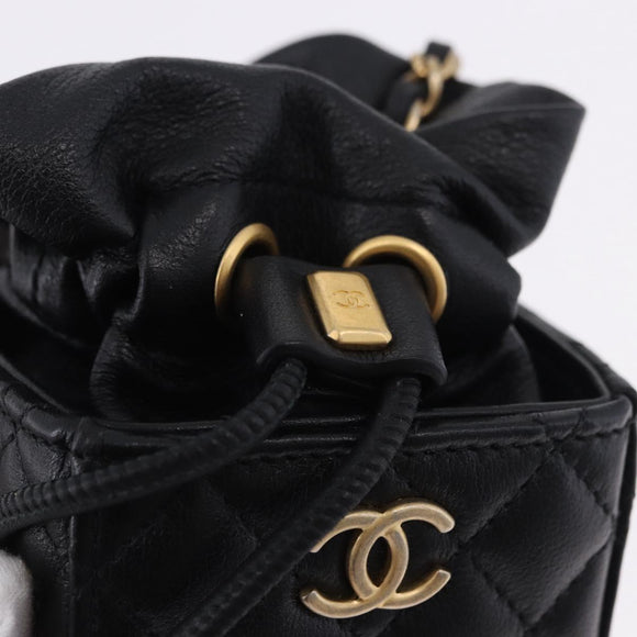 CHANEL Matelasse Chain Shoulder Pouch Lamb Skin Black Gold Tone CC Auth 196470M