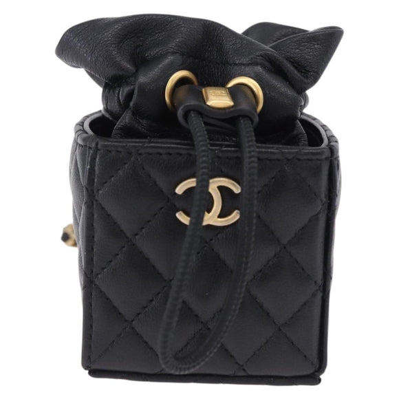 CHANEL Matelasse Chain Shoulder Pouch Lamb Skin Black Gold Tone CC Auth 196470M